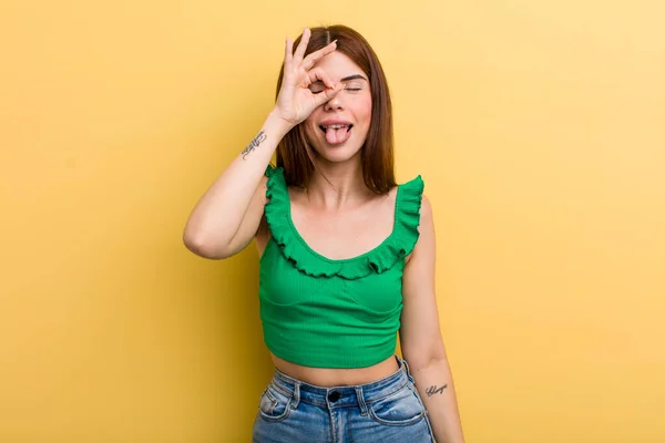 Young Adult Pretty Woman Smiling Happily Funny Face Joking Looking — Stockfoto
