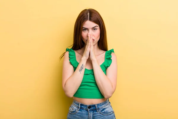 Young Adult Pretty Woman Feeling Worried Hopeful Religious Praying Faithfully — Stockfoto