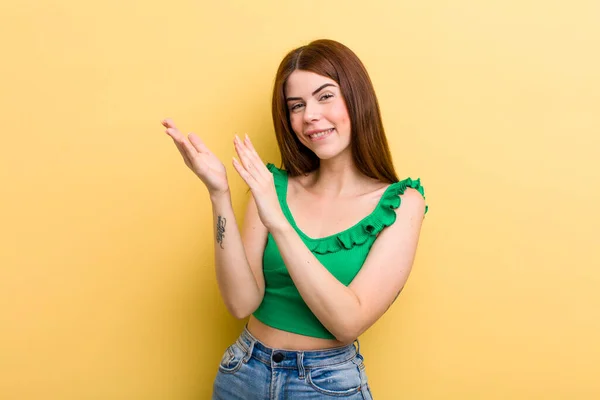 Young Adult Pretty Woman Feeling Happy Successful Smiling Clapping Hands — Stockfoto