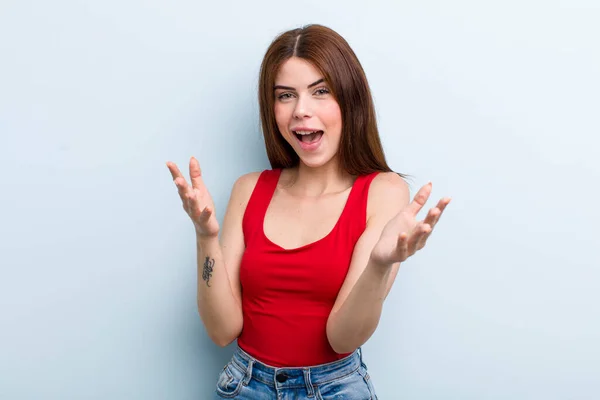 Young Adult Pretty Woman Feeling Happy Astonished Lucky Surprised Saying — Stockfoto