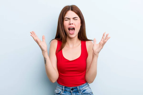 Young Adult Pretty Woman Furiously Screaming Feeling Stressed Annoyed Hands — Foto Stock
