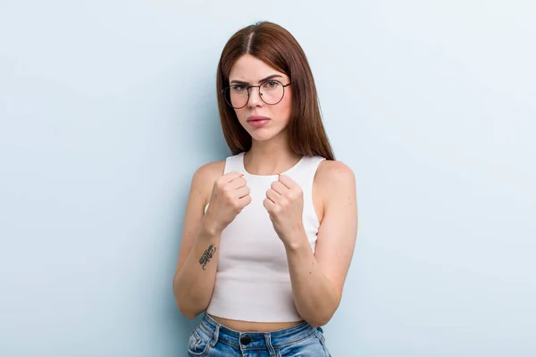 Young Adult Pretty Woman Looking Confident Angry Strong Aggressive Fists — Stockfoto