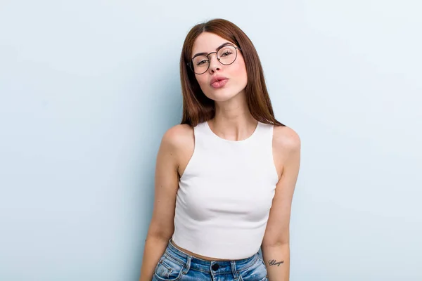 Young Adult Pretty Woman Pressing Lips Together Cute Fun Happy — Stockfoto