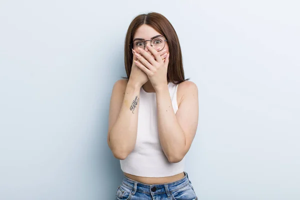 Young Adult Pretty Woman Covering Mouth Hands Shocked Surprised Expression — Stock Fotó
