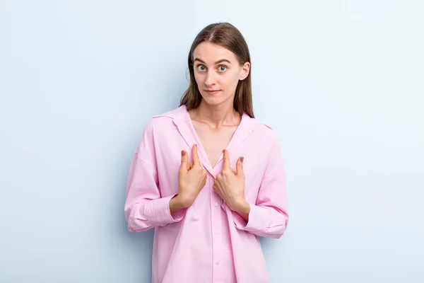 Young Adult Pretty Woman Pointing Self Confused Quizzical Look Shocked — Foto Stock