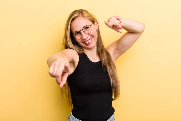Young Adult Blonde Woman Feeling Happy Confident Pointing Camera Both — Fotografia de Stock
