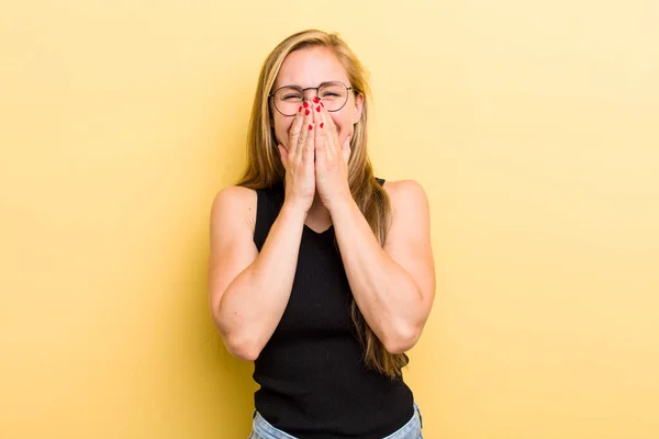 Young Adult Blonde Woman Looking Happy Cheerful Lucky Surprised Covering — Stockfoto