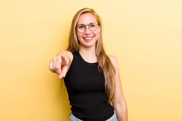 Young Adult Blonde Woman Pointing Camera Satisfied Confident Friendly Smile — Stockfoto