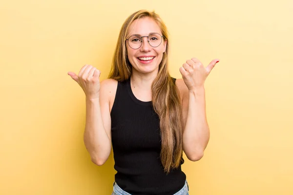 Young Adult Blonde Woman Smiling Joyfully Looking Happy Feeling Carefree — Foto Stock