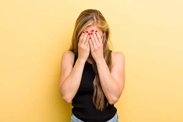 Young Adult Blonde Woman Feeling Sad Frustrated Nervous Depressed Covering — Foto de Stock