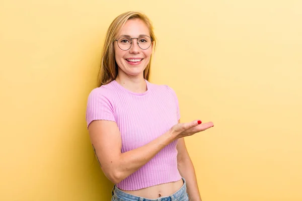 Young Adult Blonde Woman Smiling Cheerfully Feeling Happy Showing Concept — Foto Stock