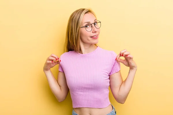 Young Adult Blonde Woman Looking Arrogant Successful Positive Proud Pointing — ストック写真