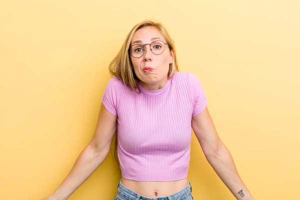 Young Adult Blonde Woman Feeling Clueless Confused Having Idea Absolutely — Stockfoto