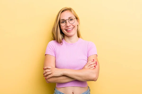 Young Adult Blonde Woman Looking Happy Proud Satisfied Achiever Smiling — ストック写真