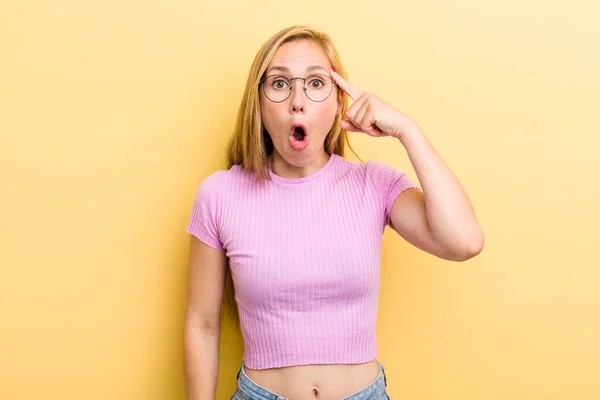 Young Adult Blonde Woman Looking Surprised Open Mouthed Shocked Realizing — Stockfoto
