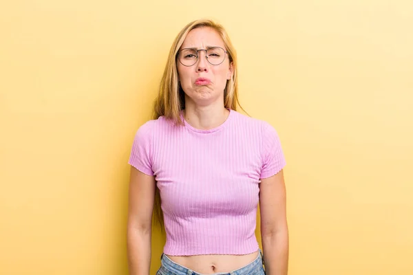 Young Adult Blonde Woman Feeling Sad Whiney Unhappy Look Crying — Stockfoto