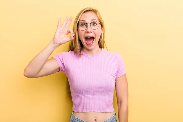 Young Adult Blonde Woman Feeling Successful Satisfied Smiling Mouth Wide — Stockfoto