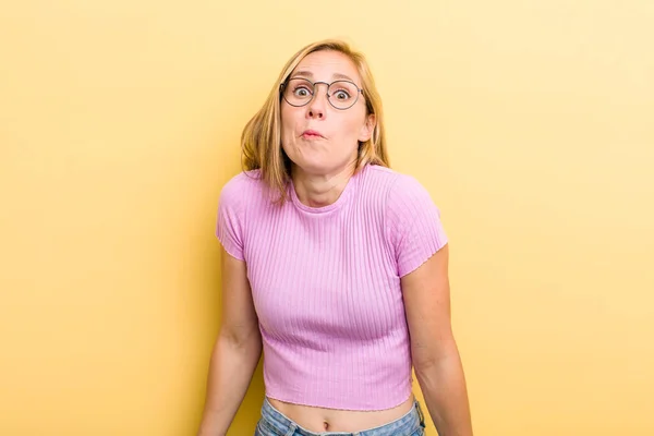 Young Adult Blonde Woman Goofy Crazy Surprised Expression Puffing Cheeks — Fotografia de Stock