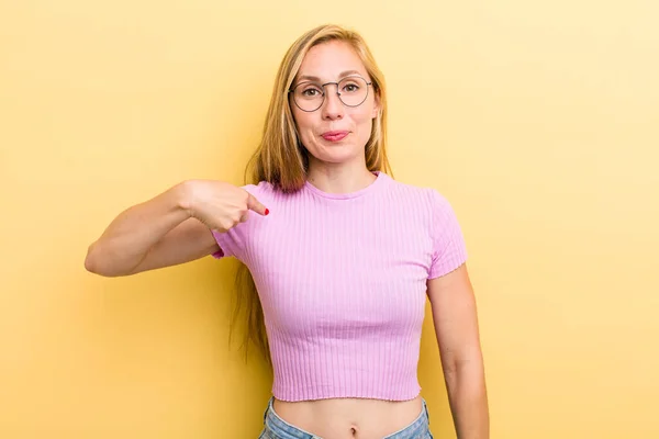 Young Adult Blonde Woman Looking Proud Confident Happy Smiling Pointing — Foto Stock