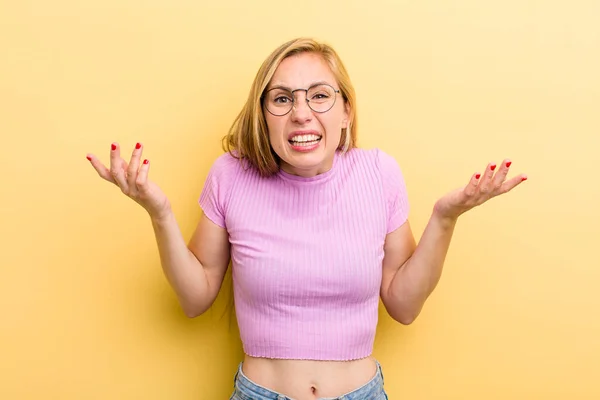 Young Adult Blonde Woman Feeling Clueless Confused Sure Which Choice — Foto Stock