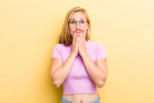 Young Adult Blonde Woman Happy Excited Surprised Amazed Covering Mouth — Foto Stock