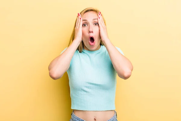 Young Adult Blonde Woman Looking Unpleasantly Shocked Scared Worried Mouth — Stock Photo, Image