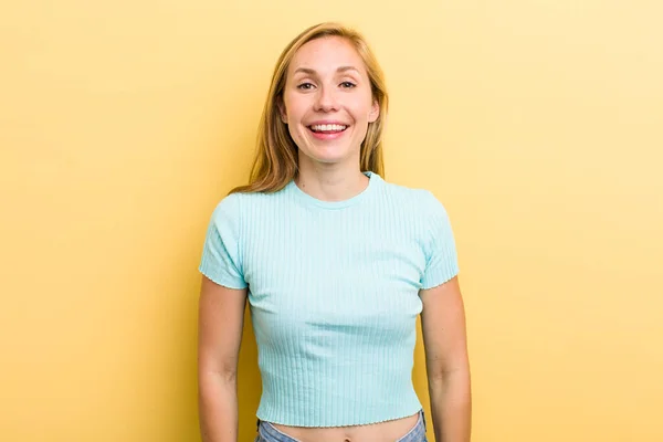 Young Adult Blonde Woman Looking Happy Pleasantly Surprised Excited Fascinated — Fotografia de Stock