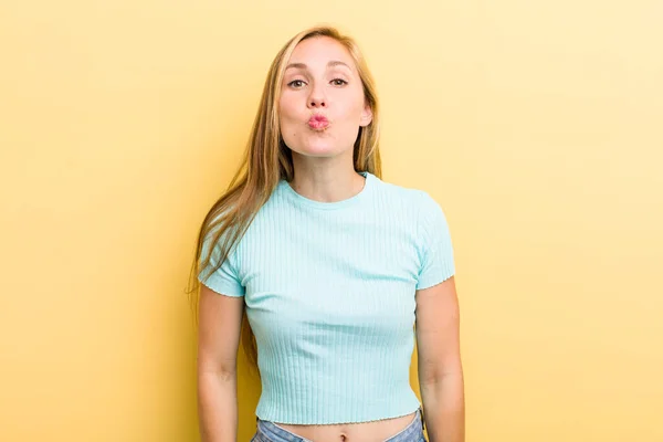 Young Adult Blonde Woman Pressing Lips Together Cute Fun Happy — Stockfoto