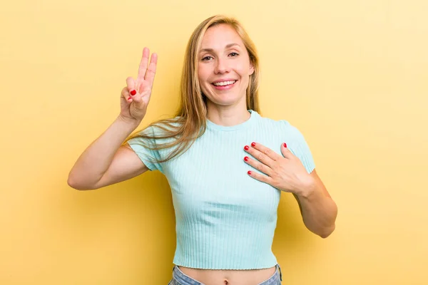 Young Adult Blonde Woman Looking Happy Confident Trustworthy Smiling Showing — Stockfoto