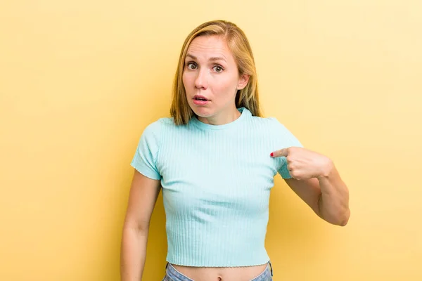 Young Adult Blonde Woman Feeling Confused Puzzled Insecure Pointing Self — Stockfoto