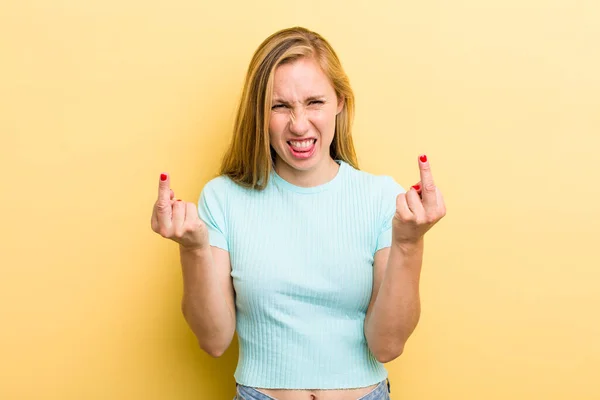 Young Adult Blonde Woman Feeling Provocative Aggressive Obscene Flipping Middle — Foto Stock