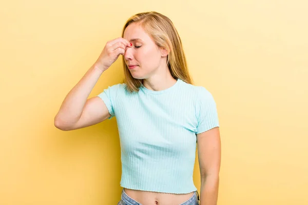 Young Adult Blonde Woman Feeling Stressed Unhappy Frustrated Touching Forehead — Foto Stock
