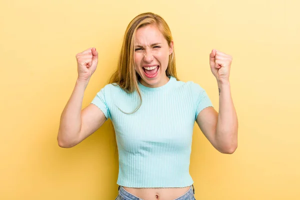 Young Adult Blonde Woman Feeling Happy Positive Successful Celebrating Victory — 图库照片