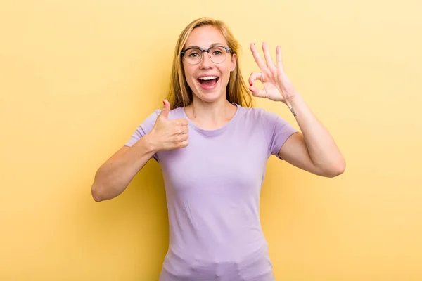 Young Adult Blonde Woman Feeling Happy Amazed Satisfied Surprised Showing — Stockfoto