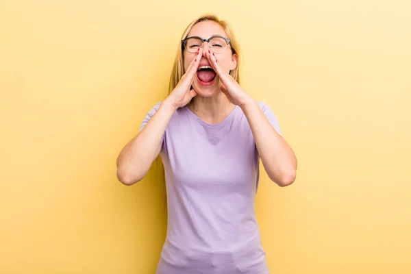 Young Adult Blonde Woman Feeling Happy Excited Positive Giving Big — Foto de Stock