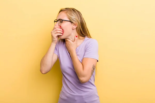 Young Adult Blonde Woman Feeling Ill Sore Throat Flu Symptoms —  Fotos de Stock