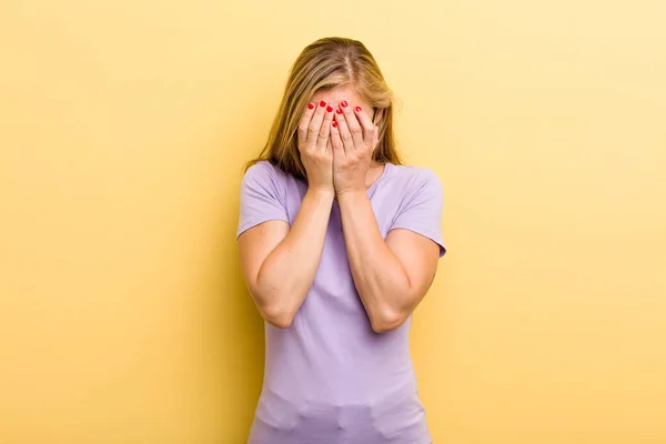 Young Adult Blonde Woman Feeling Sad Frustrated Nervous Depressed Covering — Stock Photo, Image