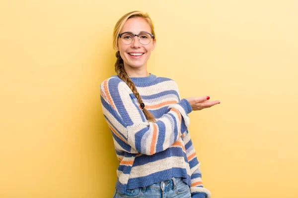 Young Adult Blonde Woman Smiling Cheerfully Feeling Happy Showing Concept — Stockfoto