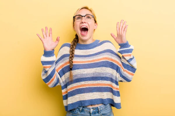 Young Adult Blonde Woman Feeling Happy Amazed Lucky Surprised Celebrating — Foto Stock