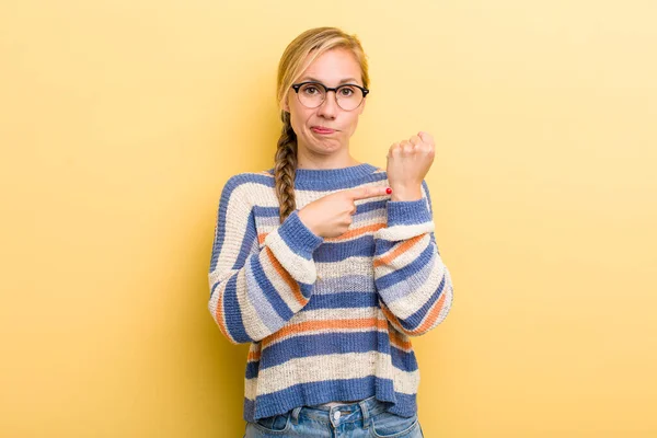 Young Adult Blonde Woman Looking Impatient Angry Pointing Watch Asking — Stock Photo, Image