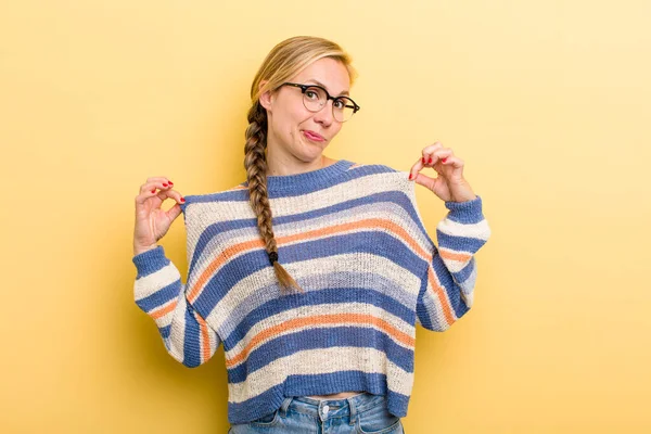 Young Adult Blonde Woman Looking Arrogant Successful Positive Proud Pointing — Stockfoto