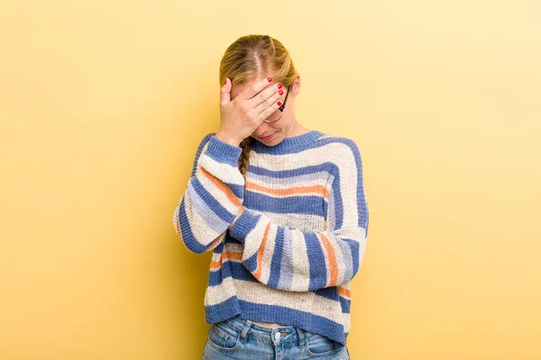 Young Adult Blonde Woman Looking Stressed Ashamed Upset Headache Covering — Photo