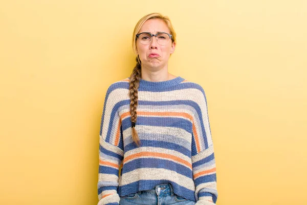 Young Adult Blonde Woman Feeling Sad Whiney Unhappy Look Crying — Stockfoto