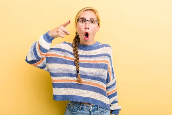 Young Adult Blonde Woman Pointing Camera Angry Aggressive Expression Looking — Foto Stock