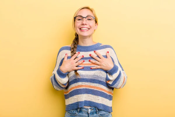 Young Adult Blonde Woman Looking Happy Surprised Proud Excited Pointing — Foto Stock