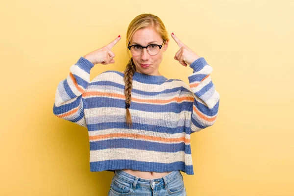 Young Adult Blonde Woman Bad Attitude Looking Proud Aggressive Pointing — Foto Stock