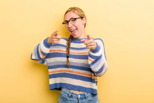 Young Adult Blonde Woman Smiling Positive Successful Happy Attitude Pointing — Stockfoto