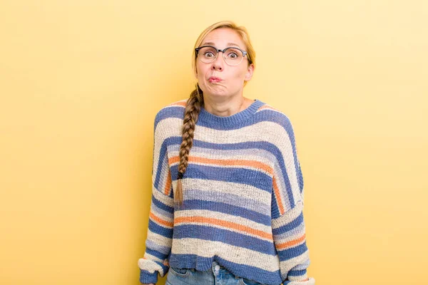 Young Adult Blonde Woman Goofy Crazy Surprised Expression Puffing Cheeks — Foto Stock