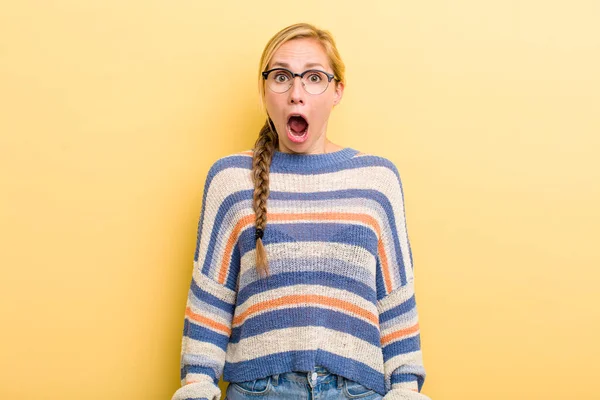 Young Adult Blonde Woman Feeling Terrified Shocked Mouth Wide Open — Foto Stock
