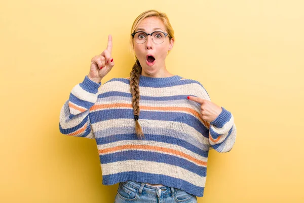 Young Adult Blonde Woman Feeling Proud Surprised Pointing Self Confidently — Foto Stock